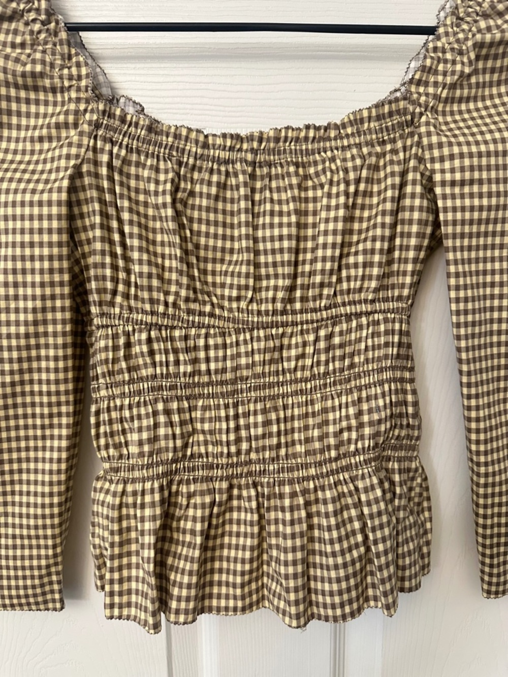 Reformation Beige Gingham Peplum Puff Sleeve Blouse - Picture 7 of 9